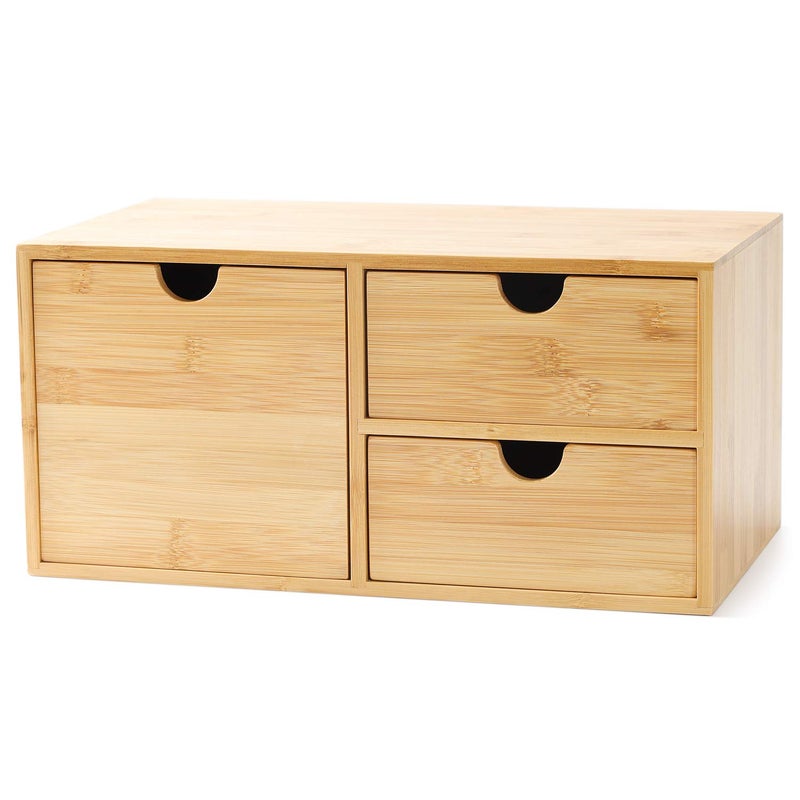 Wisuce Bamboo Desk Organizer - Mini Desktop Drawer Tabletop Storage Organization Box for Office Home Toiletries Supplies, No Assembly Required (3 Drawer with big drawer) - Image 1
